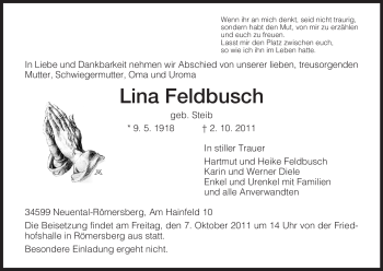 Traueranzeige von Lina Feldbusch von HNA