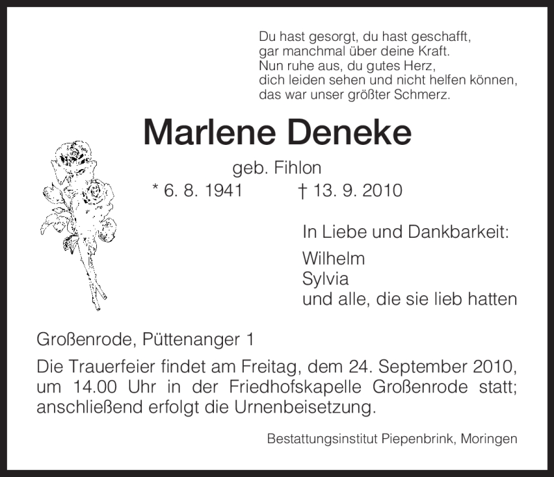  Traueranzeige für Marlene Deneke vom 21.09.2010 aus HNA