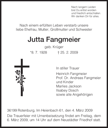 Traueranzeige von Jutta Fangmeier von HNA