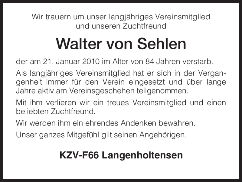  Traueranzeige für Walter von Sehlen vom 04.02.2010 aus HNA