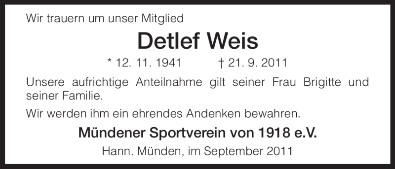  Traueranzeige für Detlef Weis vom 29.09.2011 aus HNA