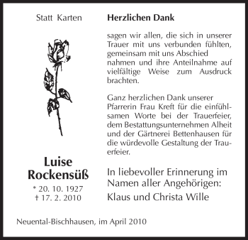 Traueranzeige von Luise Rockensüß von HNA