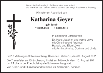 Traueranzeige von Katharina Geyer von HNA