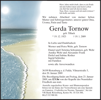 Traueranzeige von Gerda Tornow von HNA