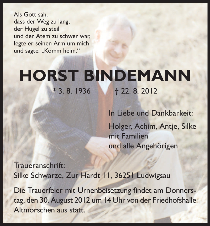  Traueranzeige für Horst Bindemann vom 27.08.2012 aus HNA