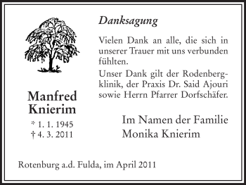 Traueranzeige von Manfred Knierim von HNA