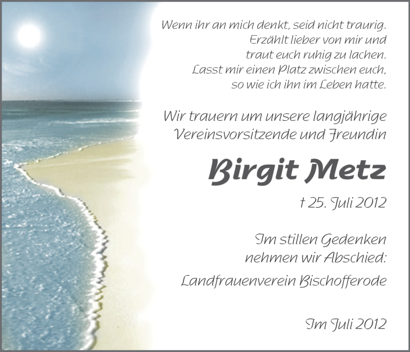  Traueranzeige für Birgit Metz vom 27.07.2012 aus HNA