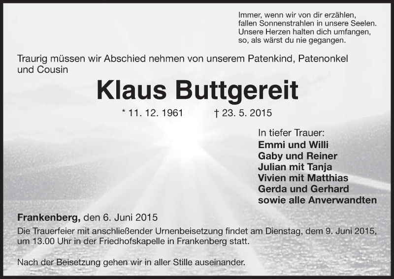  Traueranzeige für Klaus Buttgereit vom 06.06.2015 aus HNA