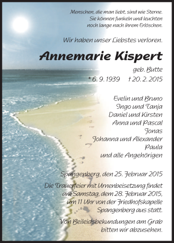 Traueranzeige von Annemarie Kispert von HNA