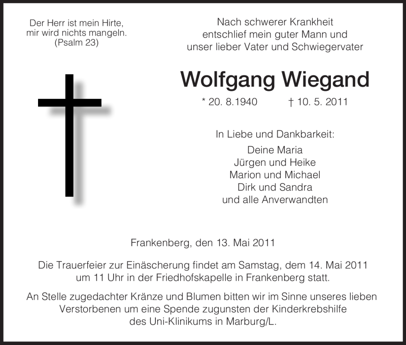  Traueranzeige für Wolfgang Wiegand vom 13.05.2011 aus HNA