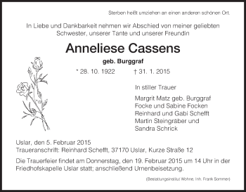 Traueranzeige von Anneliese Cassens von HNA