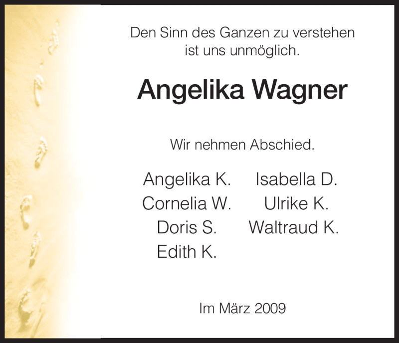  Traueranzeige für Angelika Wagner vom 28.03.2009 aus HNA