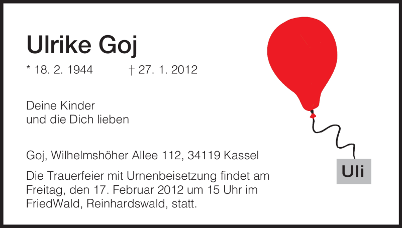  Traueranzeige für Ulrike Goj vom 11.02.2012 aus HNA