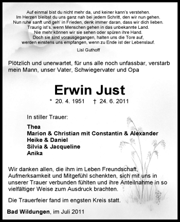 Traueranzeige von Erwin Just von HNA