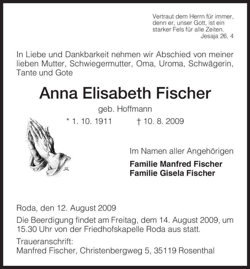  Traueranzeige für Anna Elisabeth Fischer vom 13.08.2009 aus HNA