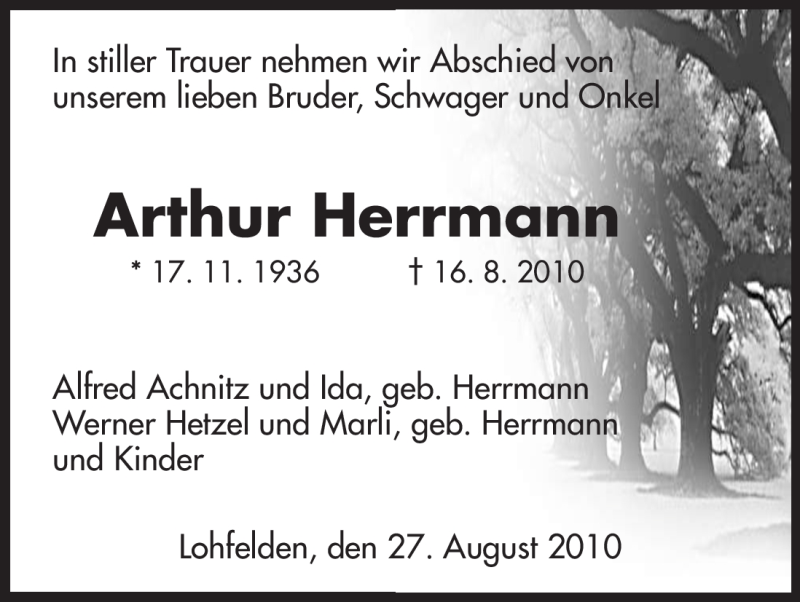  Traueranzeige für Arthur Herrmann vom 27.08.2010 aus HNA