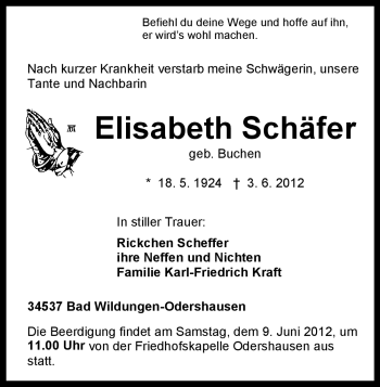 Traueranzeige von Elisabeth Schäfer von HNA