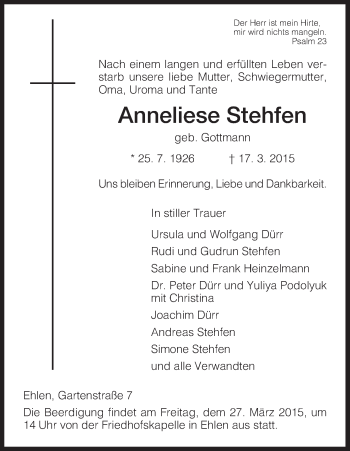 Traueranzeige von Anneliese Stehfen von HNA