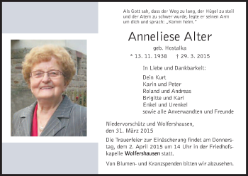 Traueranzeige von Anneliese Alter von HNA
