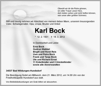 Traueranzeige von Karl Bock von HNA