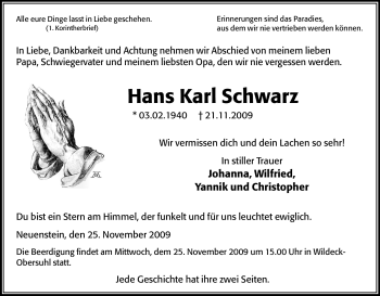 Traueranzeige von Hans Karl Schwarz von HNA