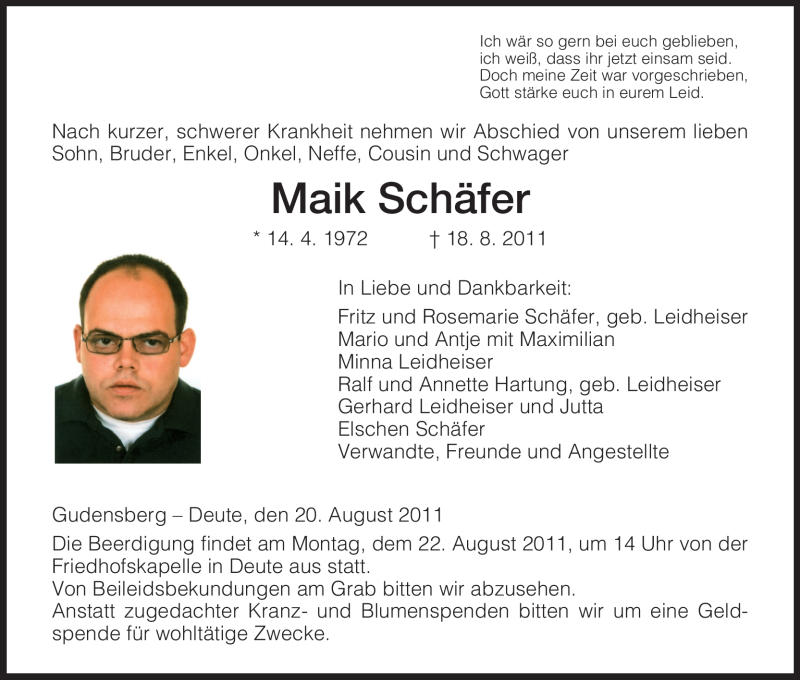  Traueranzeige für Maik Schäfer vom 20.08.2011 aus HNA