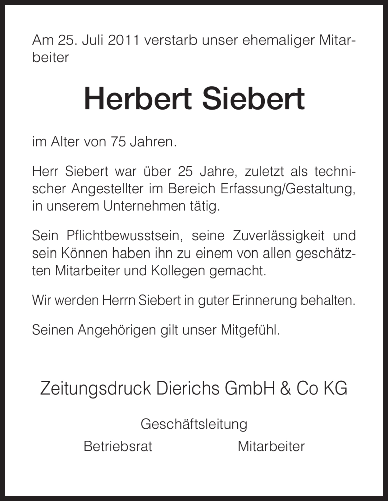 Traueranzeigen von Herbert Siebert | Trauer.HNA.de