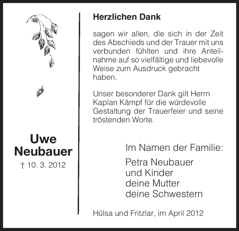  Traueranzeige für Uwe Neubauer vom 21.04.2012 aus HNA