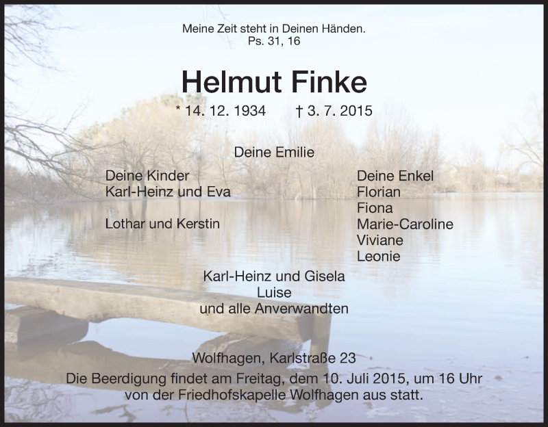  Traueranzeige für Helmut Finke vom 07.07.2015 aus HNA