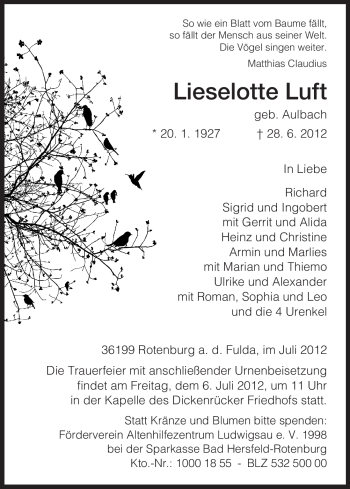 Traueranzeige von Lieselotte Luft von HNA