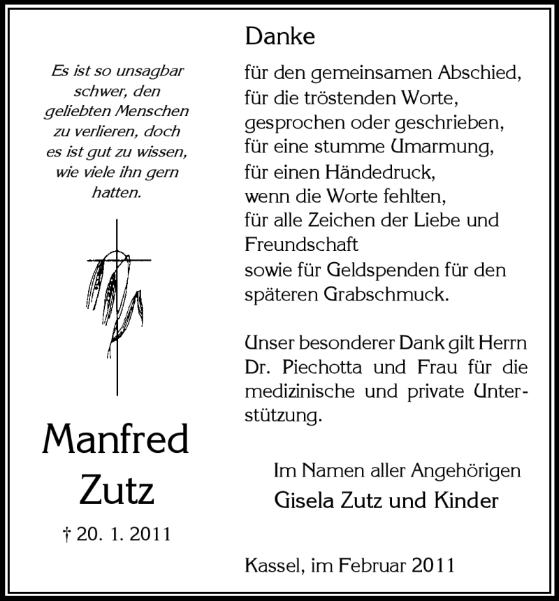  Traueranzeige für Manfred Zutz vom 19.02.2011 aus HNA