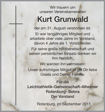 Traueranzeige von Kurt Grunwald von HNA