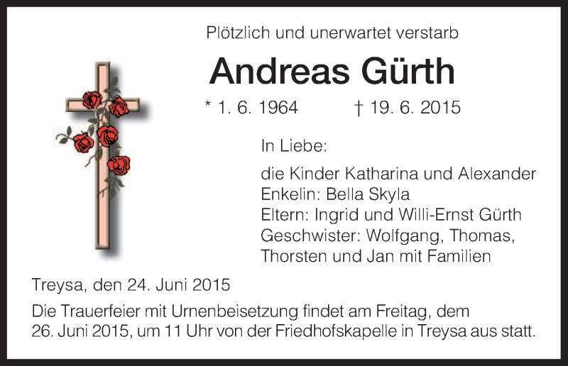  Traueranzeige für Andreas Gürth vom 24.06.2015 aus HNA