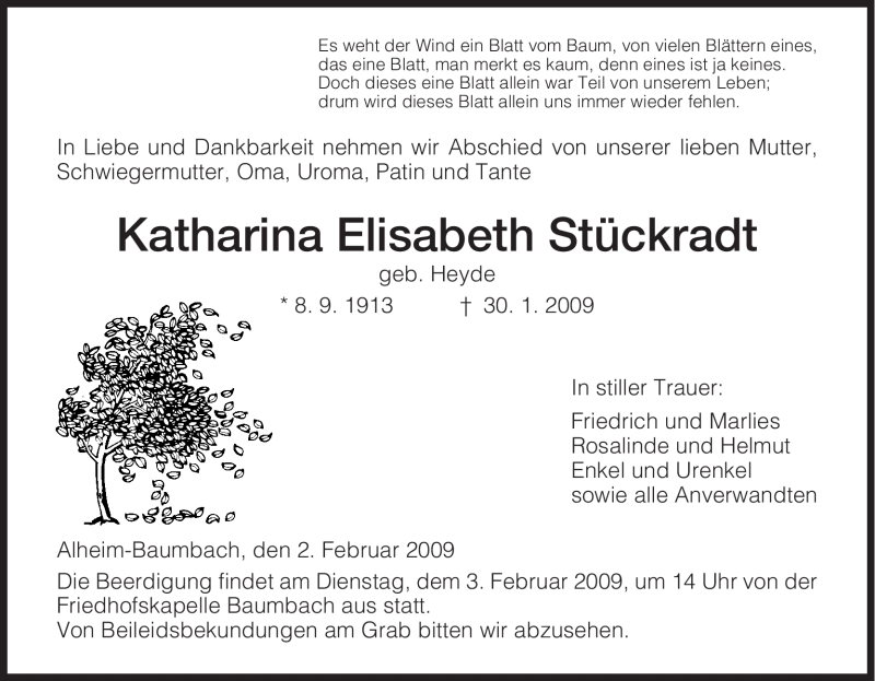  Traueranzeige für Katharina Elisabeth vom 02.02.2009 aus HNA