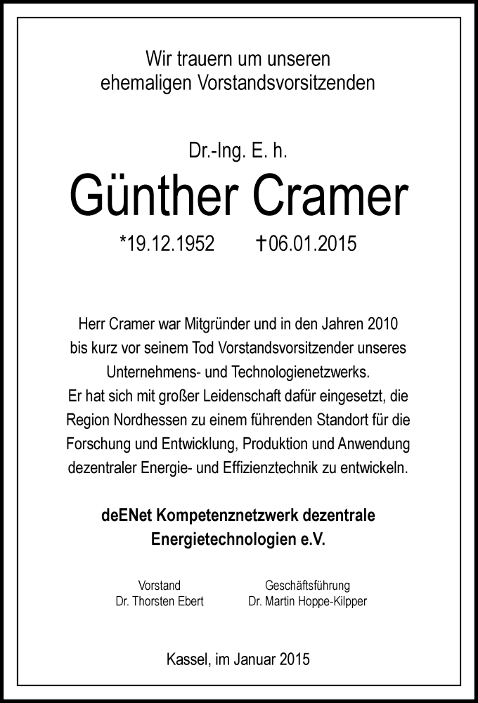  Traueranzeige für Günther Cramer vom 14.01.2015 aus HNA