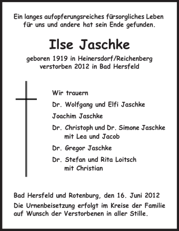 Traueranzeige von Ilse Jaschke von HNA
