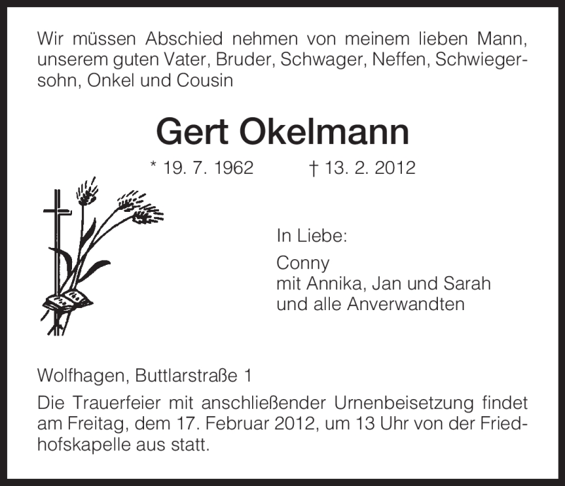  Traueranzeige für Gert Okelmann vom 15.02.2012 aus HNA