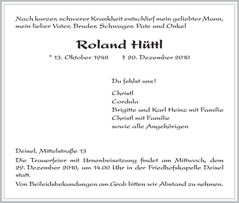  Traueranzeige für Roland Hüttl vom 27.12.2010 aus HNA