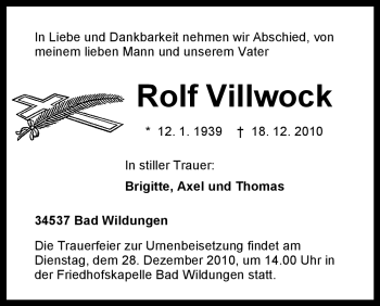 Traueranzeige von Rolf Villwock von HNA