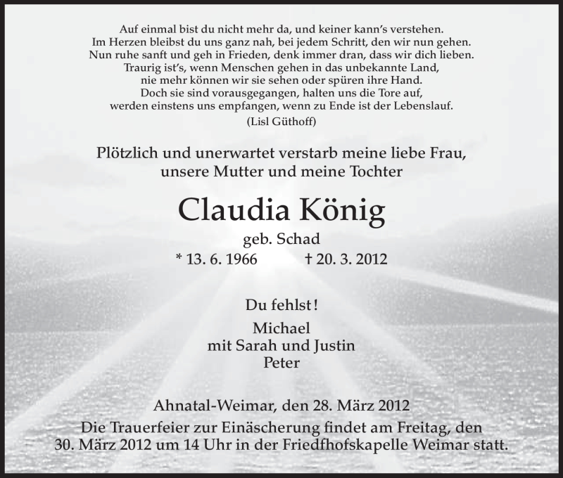  Traueranzeige für Claudia König vom 28.03.2012 aus HNA