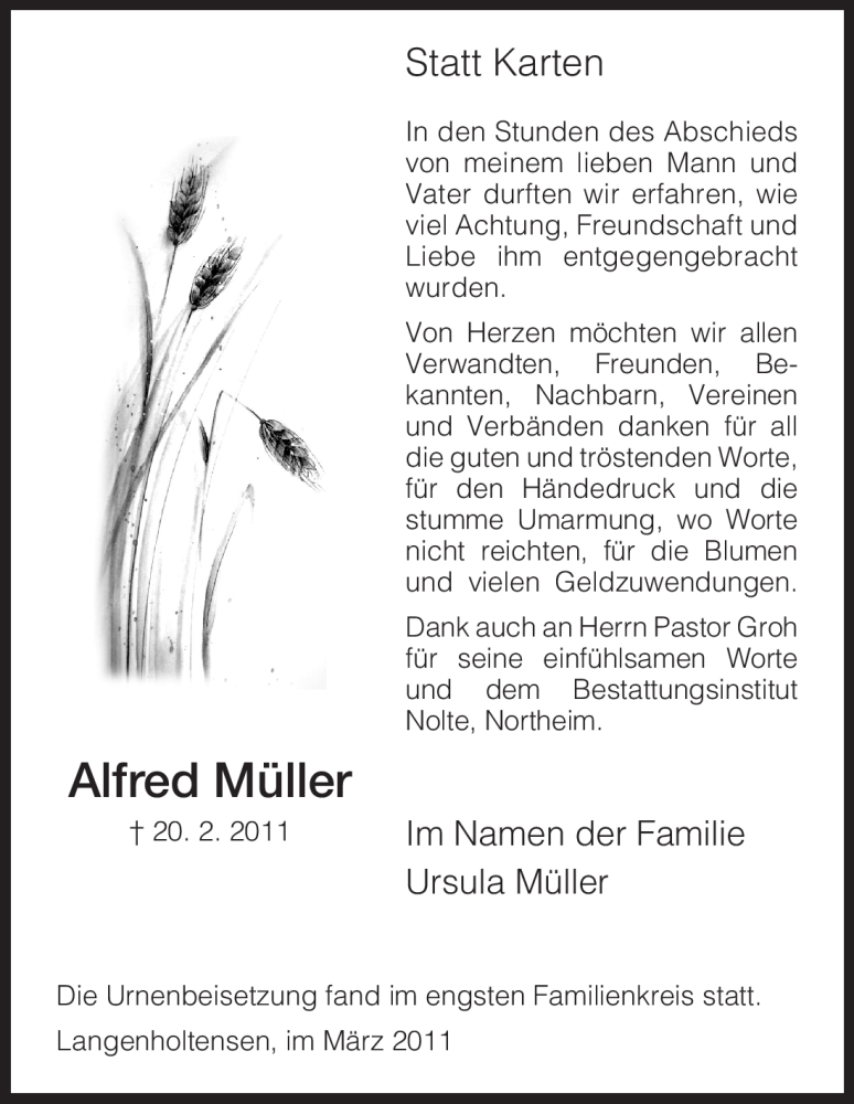 Traueranzeige für Alfred Müller vom 19.03.2011 aus HNA