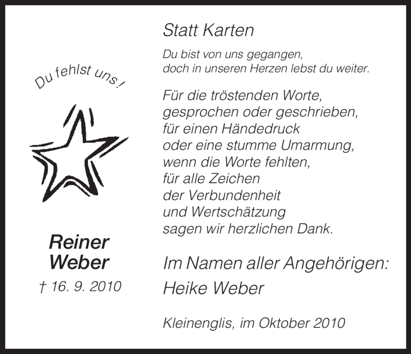  Traueranzeige für Reiner Weber vom 16.10.2010 aus HNA