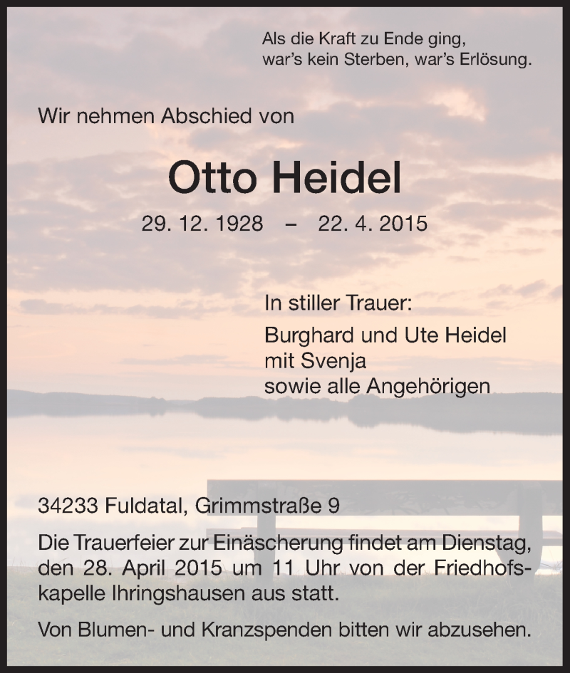  Traueranzeige für Otto Heidel vom 25.04.2015 aus HNA
