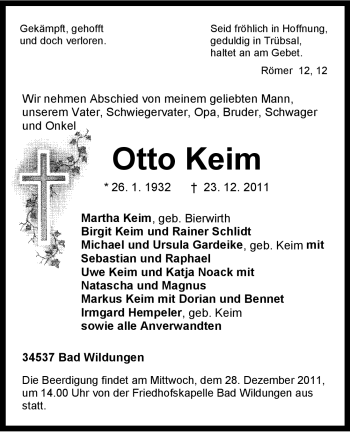 Traueranzeige von Otto Keim von HNA