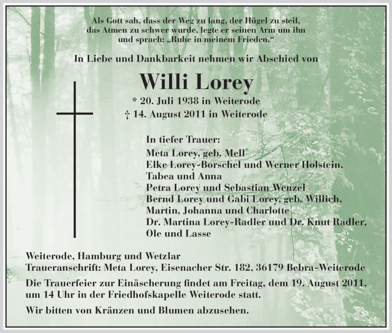  Traueranzeige für Willi Lorey vom 17.08.2011 aus HNA