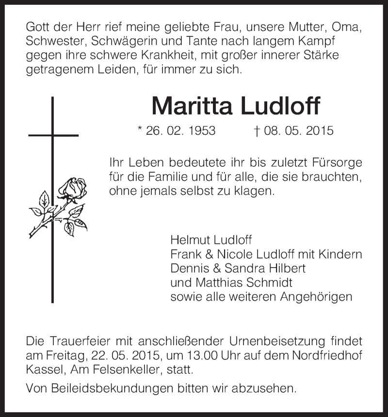  Traueranzeige für Maritta Ludloff vom 20.05.2015 aus HNA