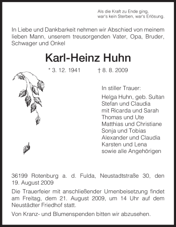 Traueranzeige von Karl-Heinz Huhn von HNA