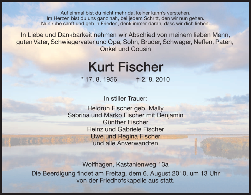  Traueranzeige für Kurt Fischer vom 04.08.2010 aus HNA