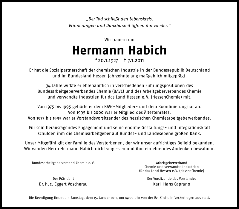  Traueranzeige für Hermann Habich vom 13.01.2011 aus HNA