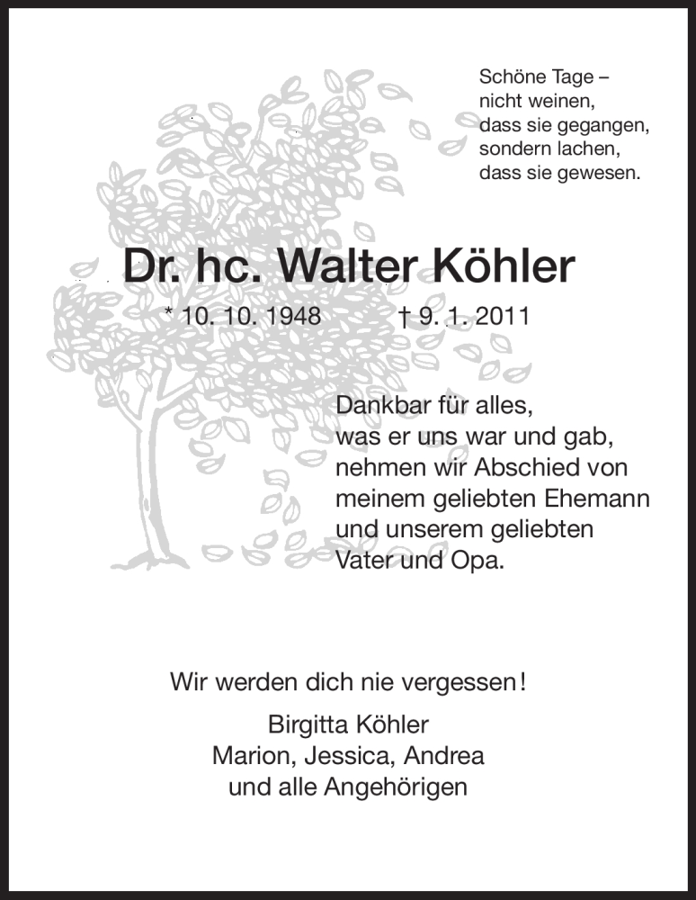  Traueranzeige für Walter Köhler vom 15.01.2011 aus HNA